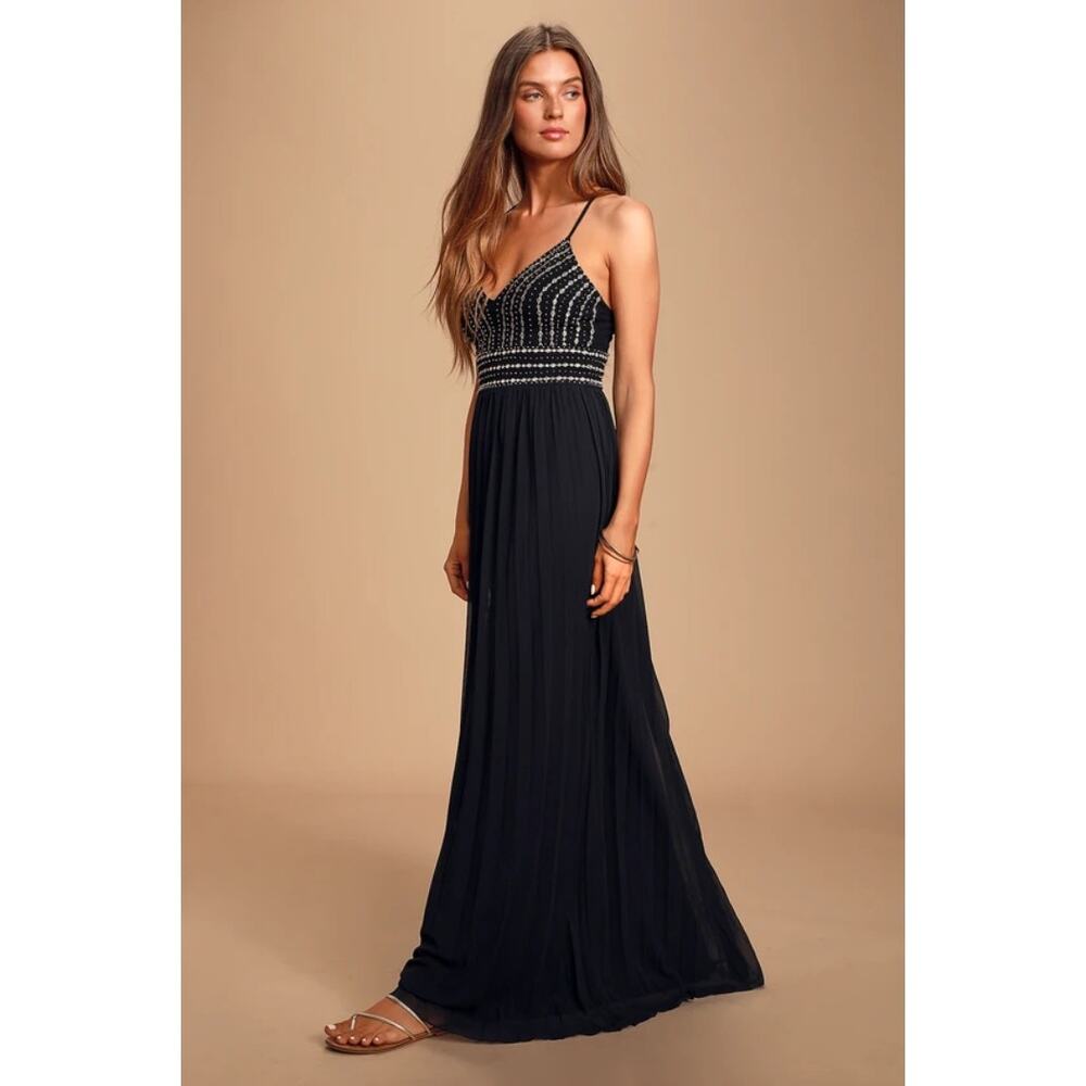 Lulus Glamorous Gala Black Embroidered Maxi Dress Womens Small Beaded Open Back